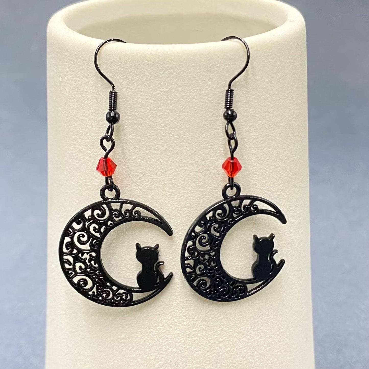 Goth Black Cat On The Moon Dangle Earrings - GT/MS