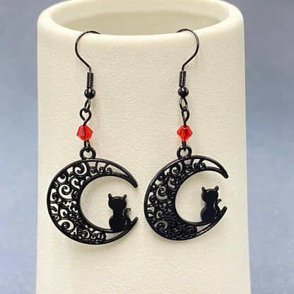 Goth Black Cat On The Moon Dangle Earrings - GT/MS