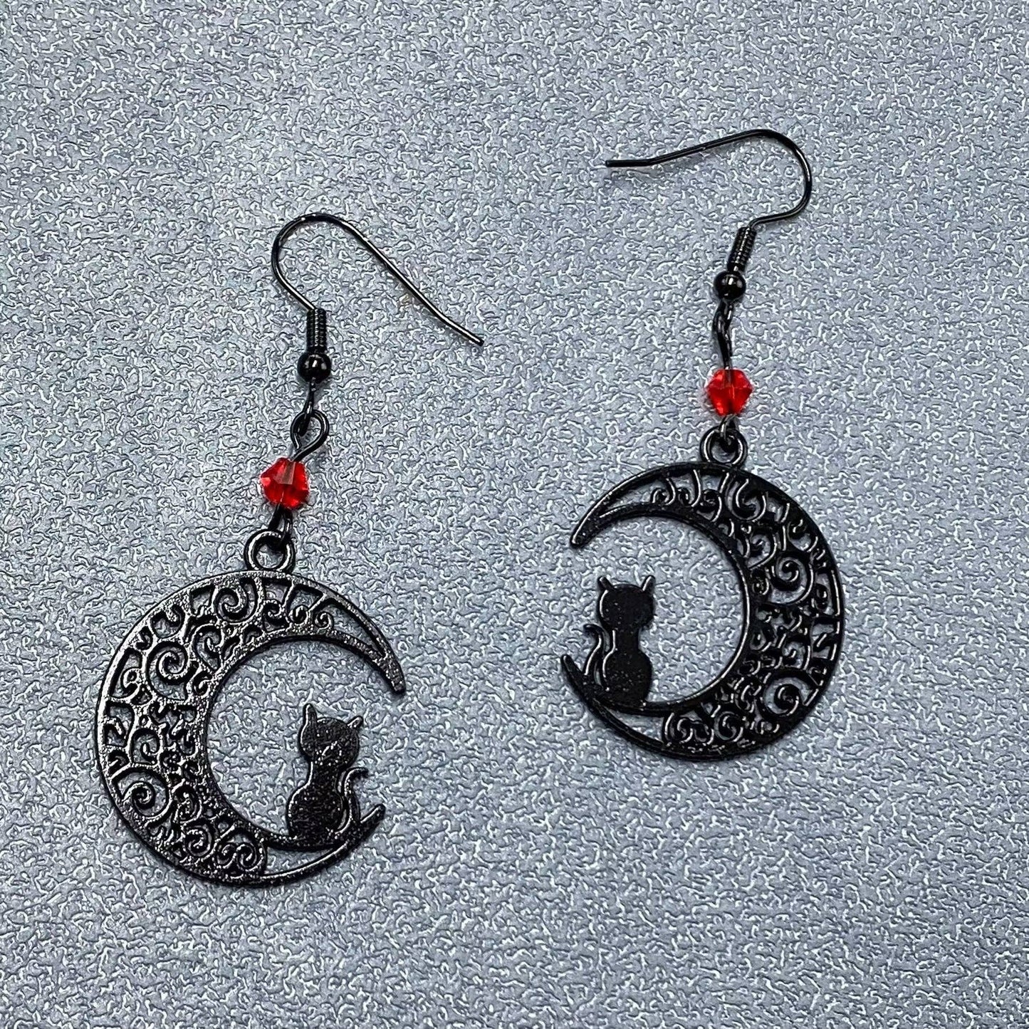 Goth Black Cat On The Moon Dangle Earrings - GT/MS