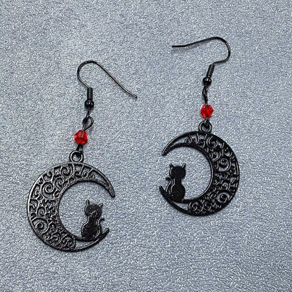 Goth Black Cat On The Moon Dangle Earrings - GT/MS