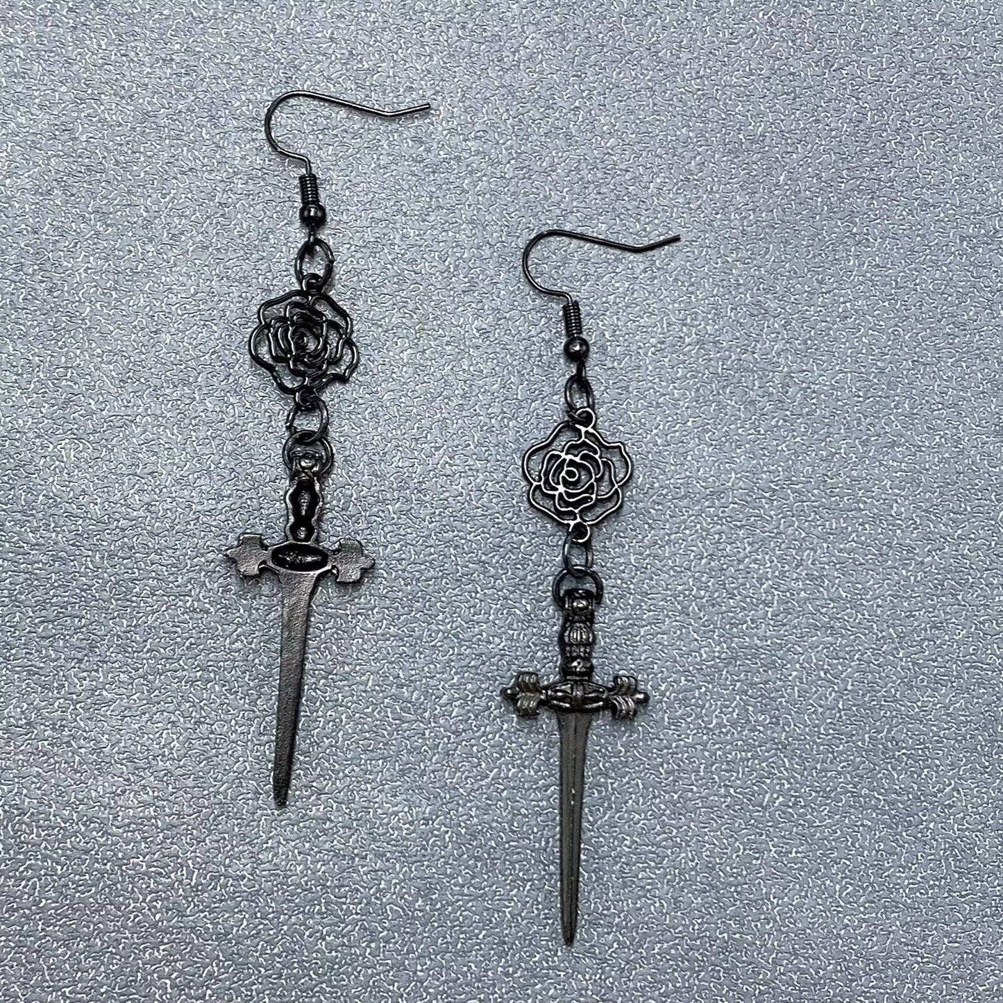 Gothic Black Rose Dagger Linked Dangle Earrings - GT