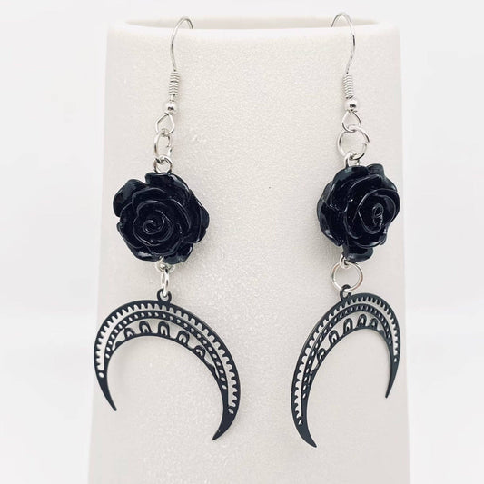 Gothic Black Rose Crescent Moon Pendant Earrings