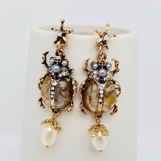 Vintage Scarab Pearl Pendant Earrings