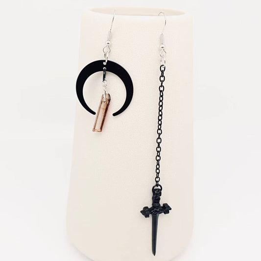 Gothic Black Moon Dagger Crystal Earrings Asymmetric Design